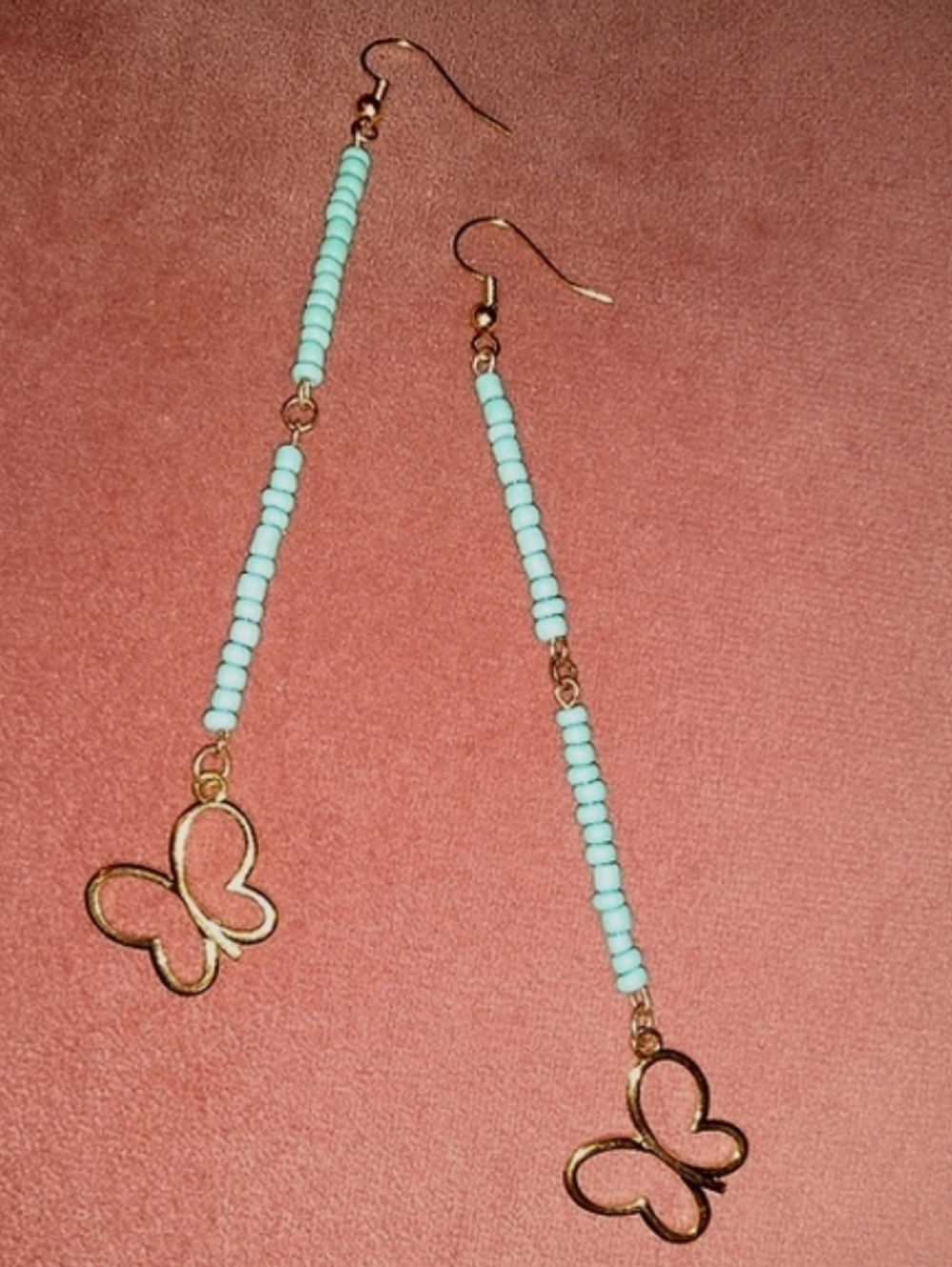 Long Handmade Gold Turquoise Blue Beaded Earrings Butterfly Butterflies KATTA